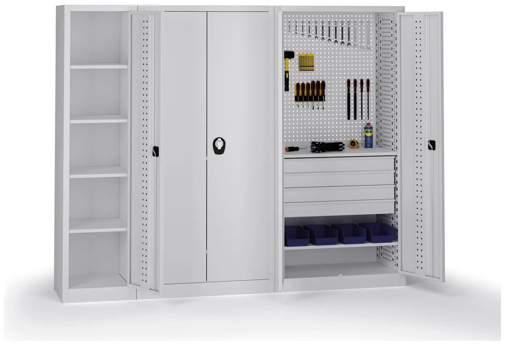 Policová dielenská skriňa 2-dverová, 4 police, 1950 × 950 × 500 mm, sivé dvere