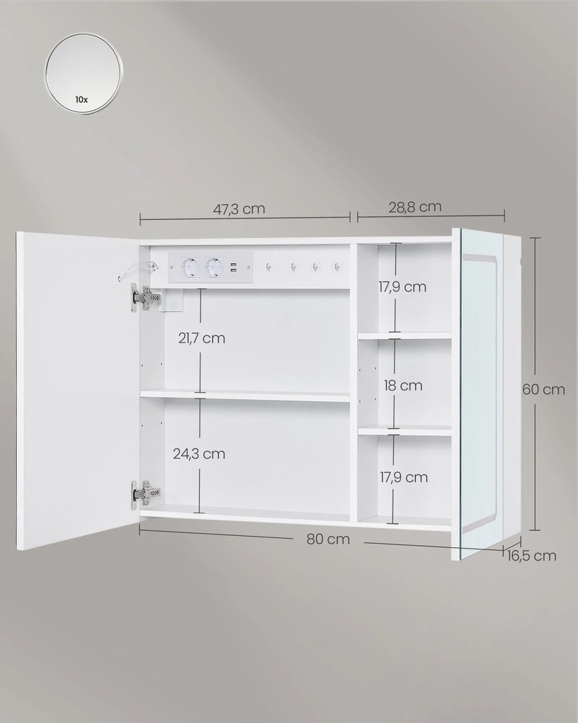 Kúpeľňová nástenná skrinka so zrkadlom a LED osvetlením, 16,5 x 80 x 60 cm, biela