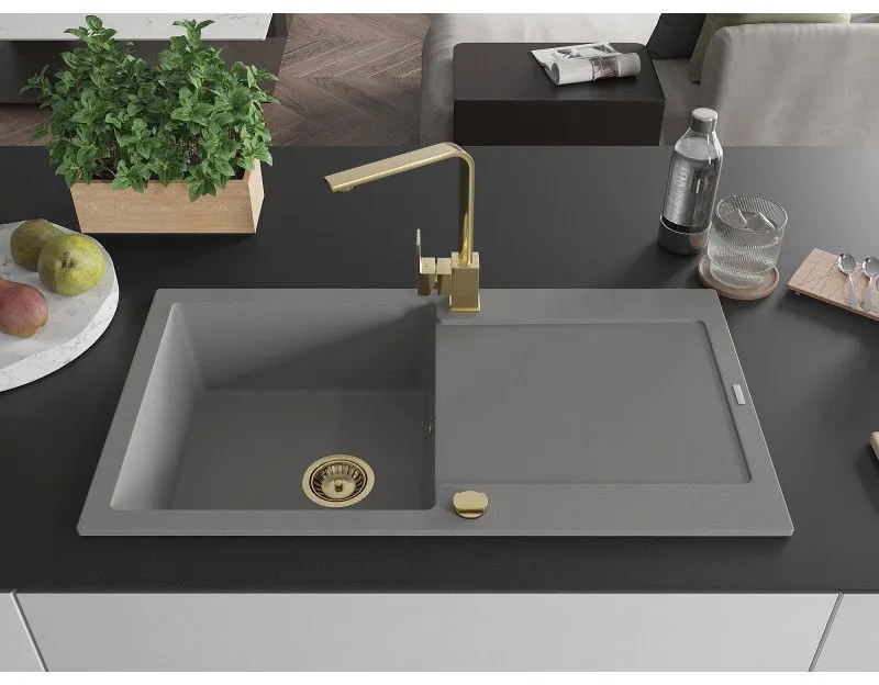 Mexen Leo, drez granitový 900x500x190 mm, 1-komorový, šedý so zlatým sifónom a zlatá drezová batéria Rita, 6501-71-670300-50