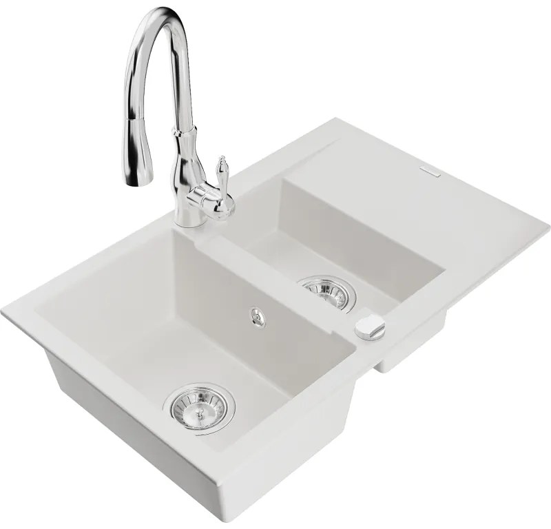Mexen Gaspar, 1,5-komorový granitový drez 737x475x177 mm a drezová batéria Savita, biela, 6507-20-672601-00