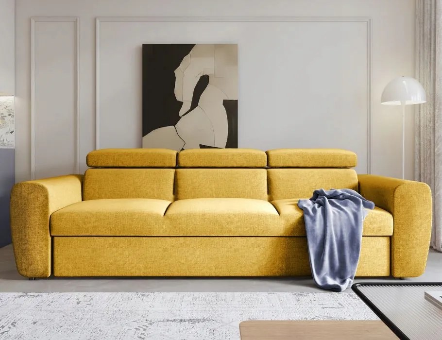 Módna horčicová pohovka Napoli s funkciou spania a nastaviteľnými opierkami hlavy