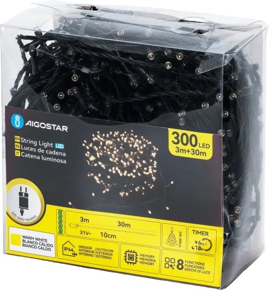 Aigostar – LED vonkajší vianočný svetelný reťazec, 300 LED, 8 režimov, 30 m, IP44, teplá biela