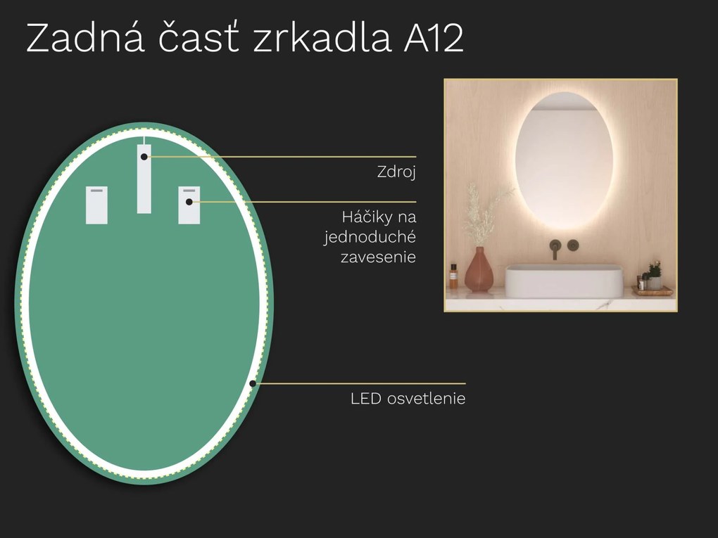 Oválne zrkadlo do kúpeľne s LED osvetlením A12 50x70