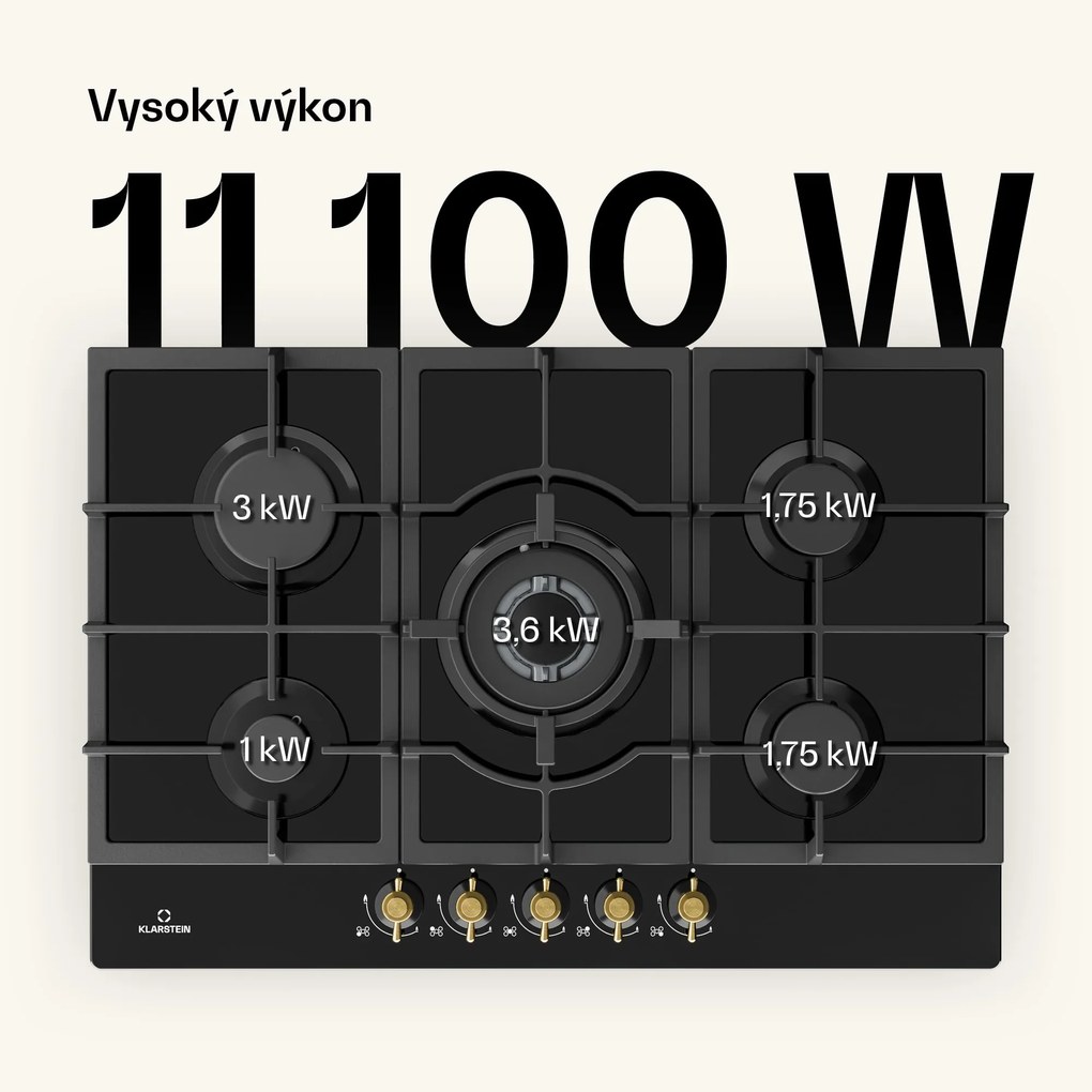 Klarstein Victoria 5, plynová varná doska, 5 Sabaf horákov, sklokeramika, retro vzhľad