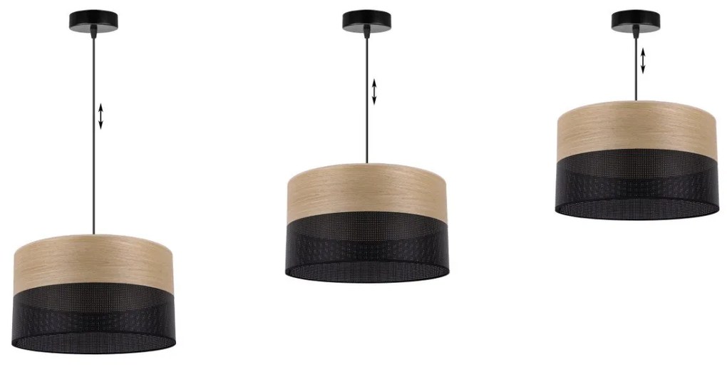 Závesné svietidlo Wood, 1x dýha zlatý dub/čierne PVC tienidlo, (fi 35cm)