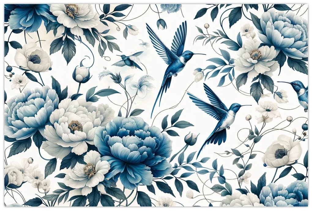 Obraz - Kolibríky s kvetmi (90x60 cm)