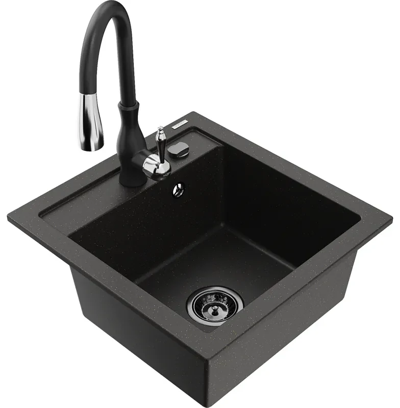 Mexen Vito, 1-komorový granitový drez 520x490x210 mm a drezová batéria Savita, čierna-zlatá metalíza, 6503-75-672601-70-B