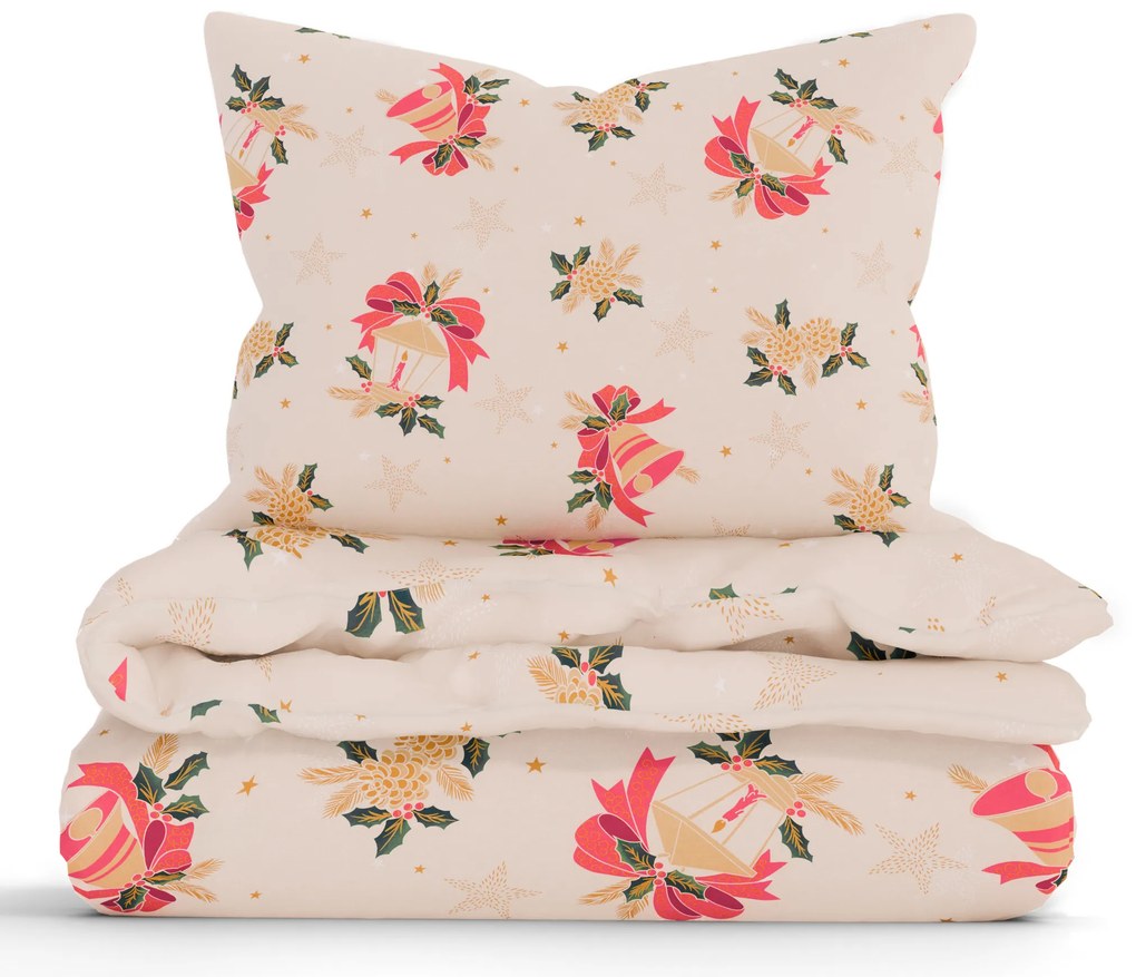 Vianočné predĺžené bavlnené obliečky Renforcé - Vianočné zvončeky béžové