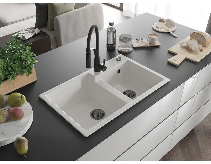 Mexen Tomas, 2-komorový granitový drez 800x500x190 mm a drezová batéria Aster, biela, 6516-20-73450-70-B