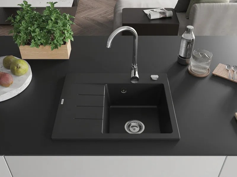 Mexen Ben, 1-komorový granitový drez 600x500x190 mm, pravý + chrómový sifón, čierna, 6523605000-77