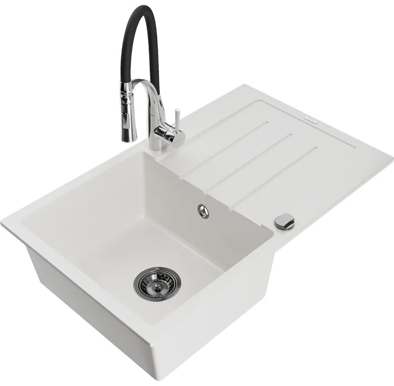 Mexen Bruno, 1-komorový granitový drez 795x495x200 mm a drezová batéria Aster, biela, 6513-20-73450-07-B