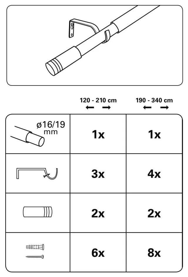 Kovová roztiahnuteľná garniža 190 - 340 cm Válec - Gardinia