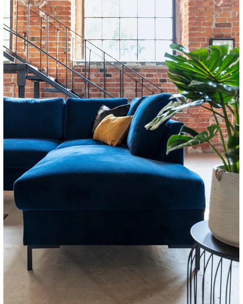 Námorníckymodrá zamatová rozkladacia pohovka do "U" Miuform Lofty Lilly, pravý roh