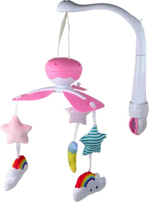 LEAN Toys Detský kolotoč na postieľku so zvukom a projekciou nočnej oblohy ružový