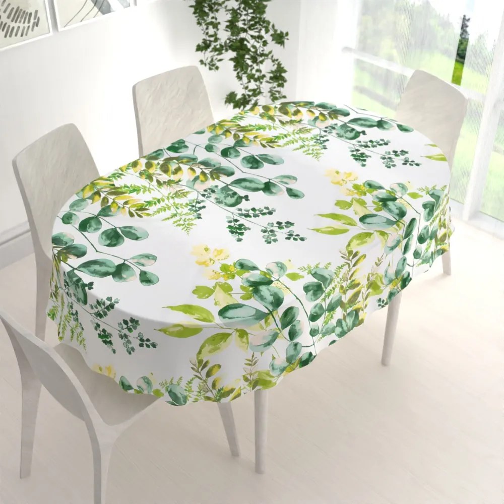Biante Bavlnený oválny obrus Sandra SA-244 Zelený eukalyptus na bielom 140x220 cm