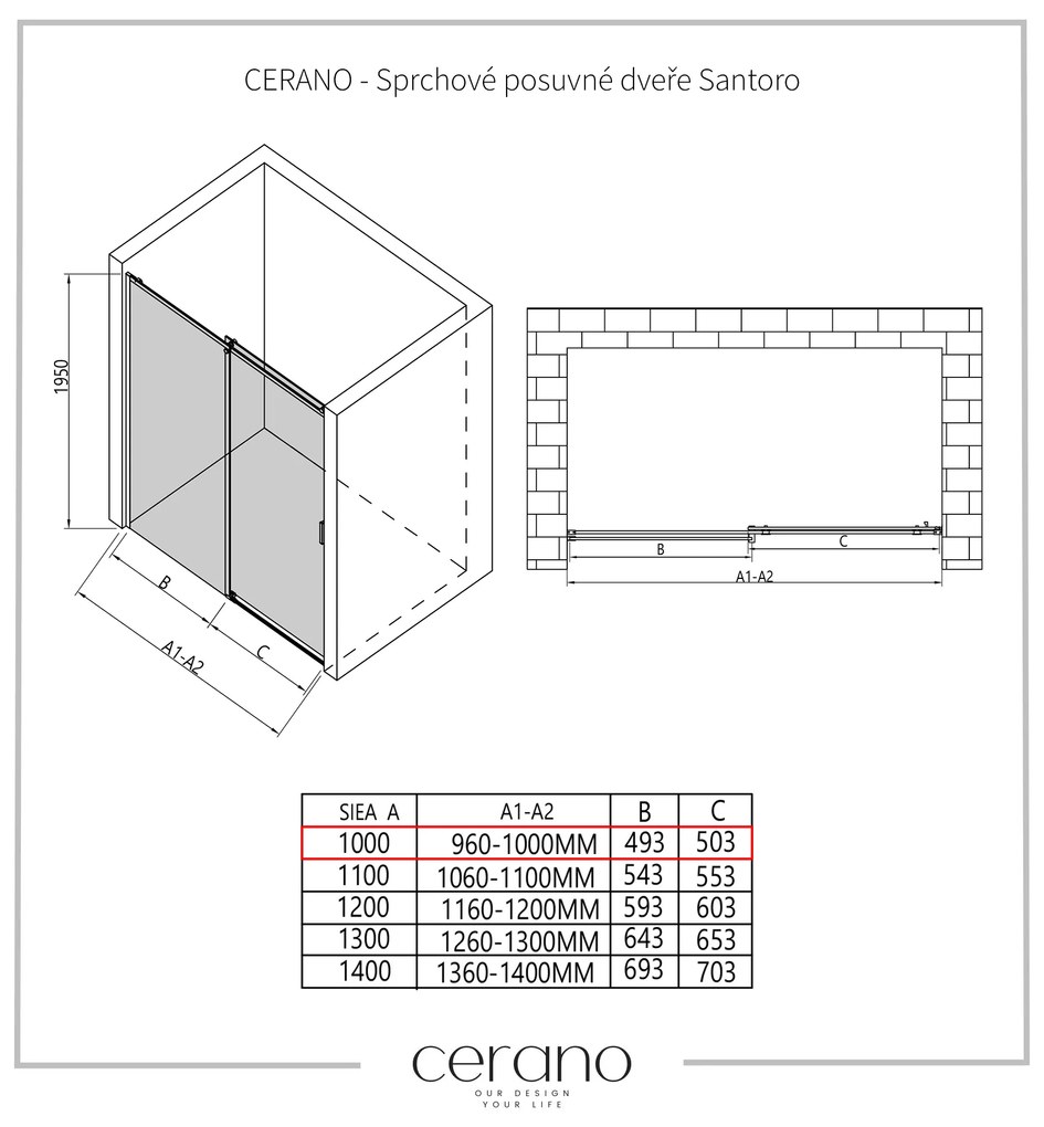 Cerano Santoro, sprchové posuvné dvere 100x195 cm, 6mm číre sklo, chrómový profil, CER-CER-424927