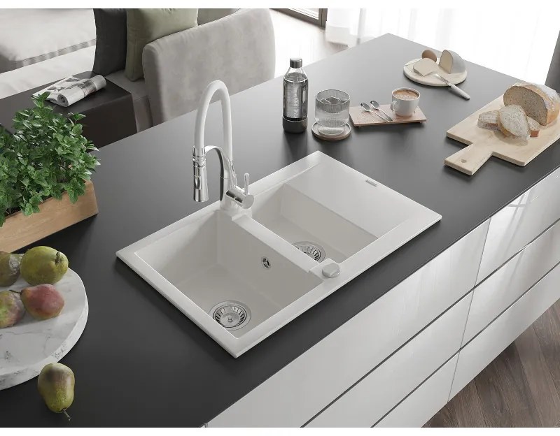 Mexen Gaspar, 1,5-komorový granitový drez 737x475x177 mm a drezová batéria Aster, biela, 6507-20-73450-02