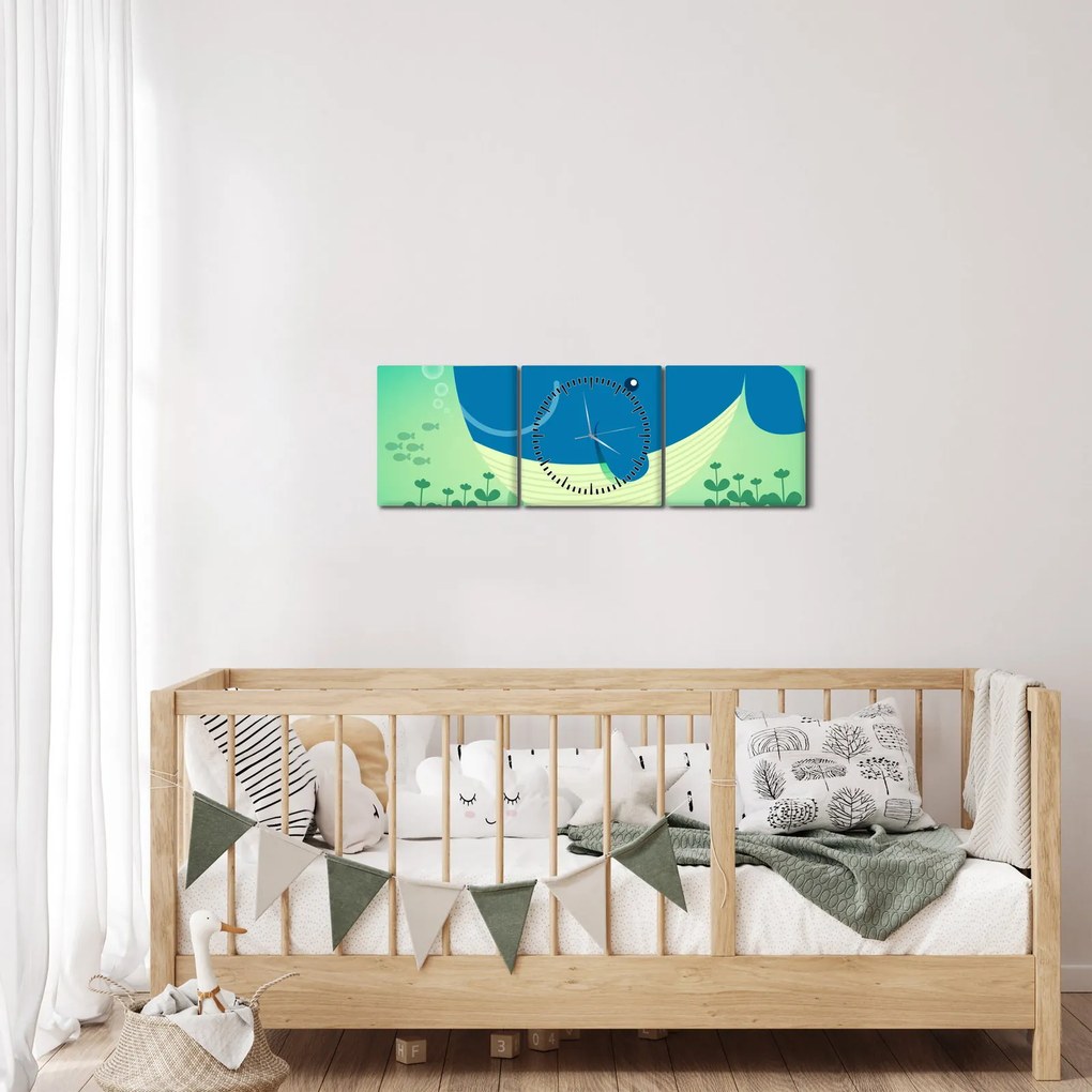 Obraz - Veselá veľryba v mori (s hodinami) (90x30 cm)