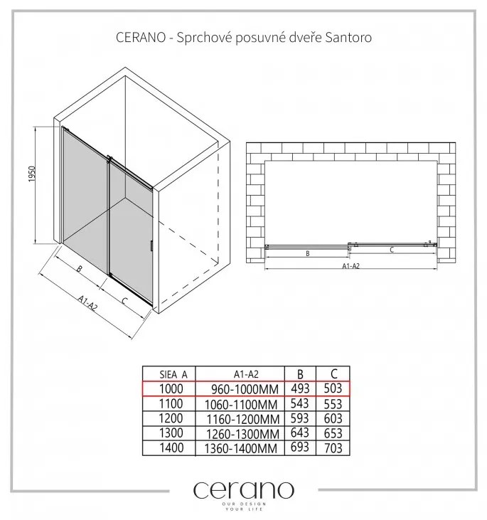 Cerano Lantono, posuvné dvere do otvoru 100x195 cm, 8mm číre sklo, čierny profil, CER-CER-429730