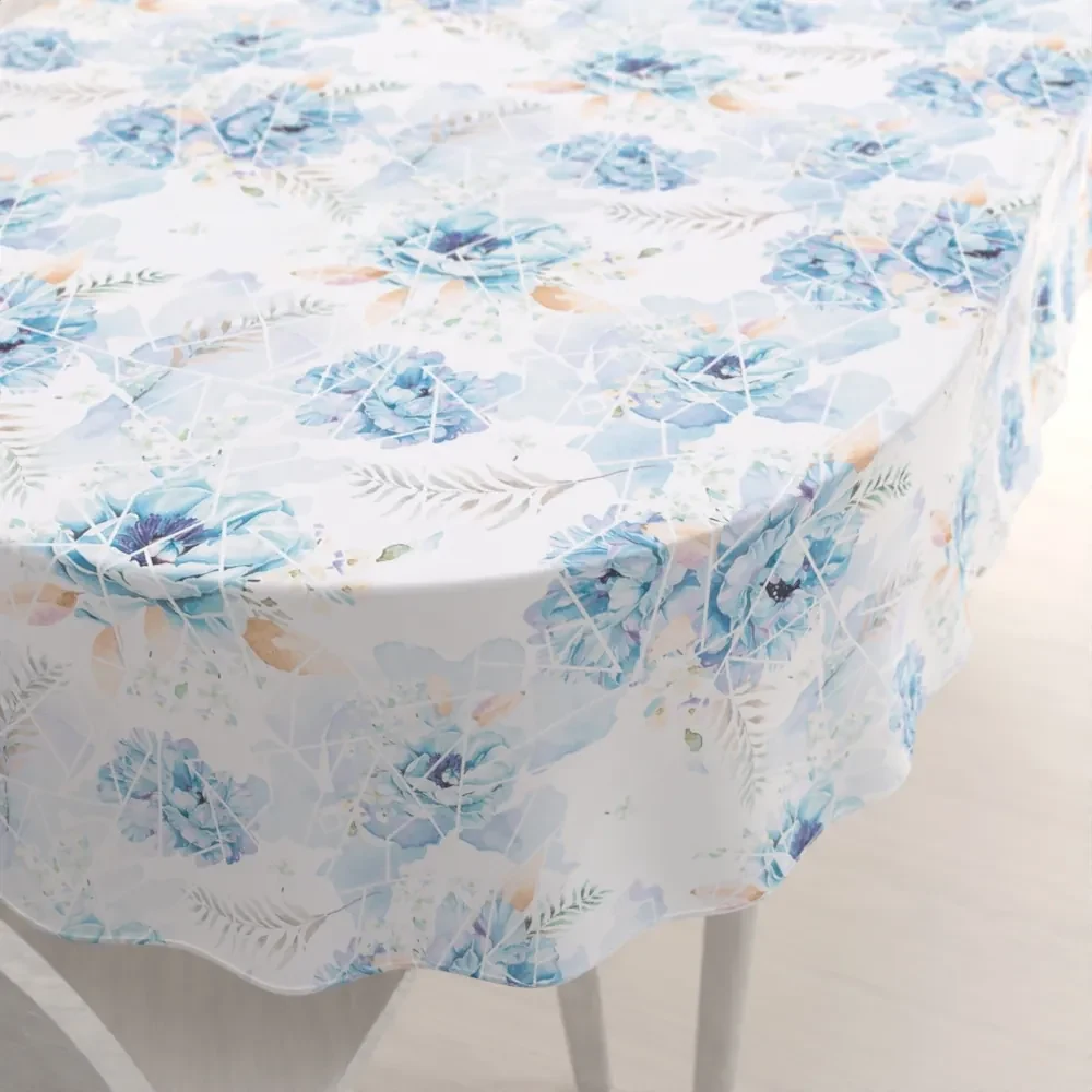Biante Teflónový oválny obrus TF-087 Modré kvety na geometrickom bielom 140x180 cm