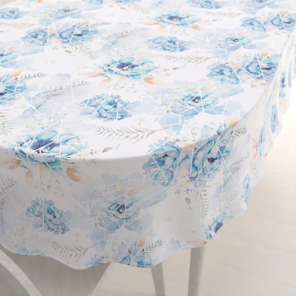 Biante Teflónový oválny obrus TF-087 Modré kvety na geometrickom bielom 50x100 cm
