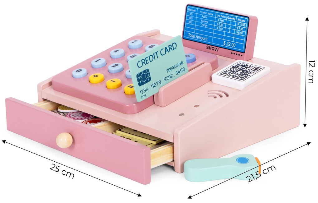 MULTISTORE Drevená pokladňa pre deti skener bankoviek mincí karta