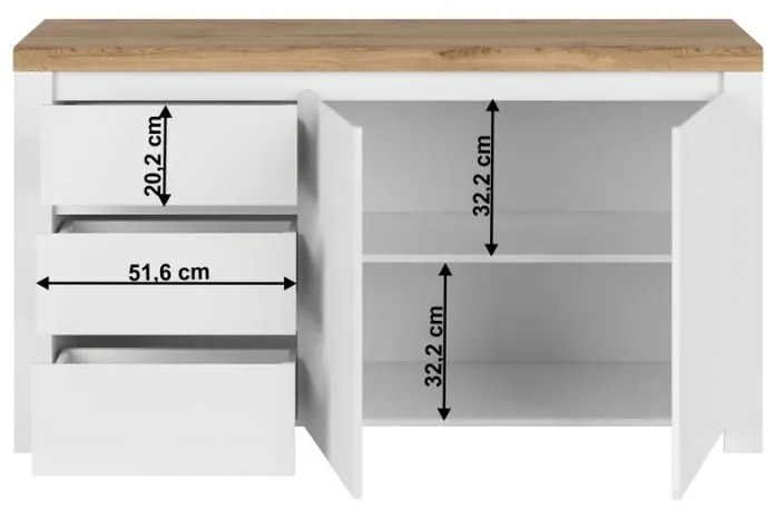 Kondela Komoda 2D3S, biely lesk/dub wotan, VILGO