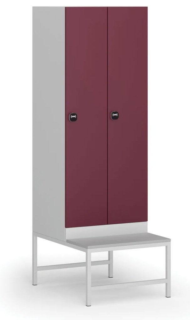 Šatníková skrinka s lavičkou, 2 oddiely, 1875 x 600 x 500/800 mm, demont, zámok s čítačkou RFID kariet, červené dvere