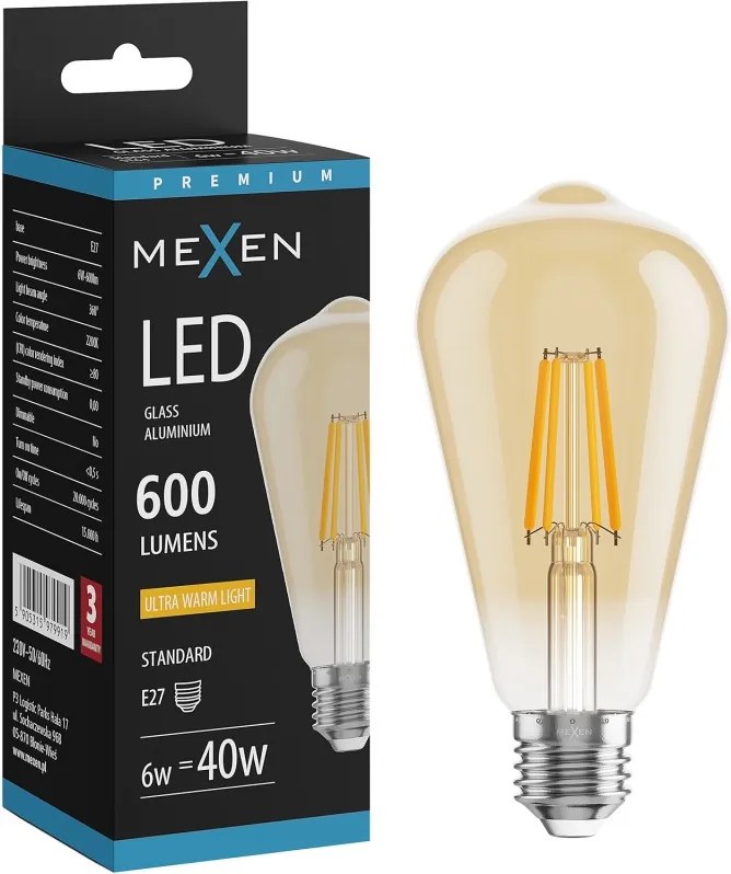 Mexen Vintis, LED filamentová žiarovka E27, ST64, 6 W, teplá biela 2200K, jantárová, L152-E27-0622-50