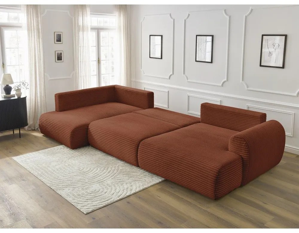 Menčestrová rozkladacia/s úložným priestorom rohová pohovka v tehlovej farbe (ľavý roh/do tvaru "U") Lucien – Bobochic Paris