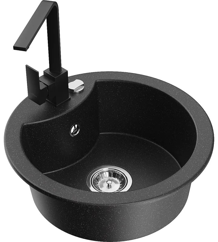 Mexen Diego, 1-komorový granitový drez 488x488x167 mm, chrómový sifón, čierna matná batéria Rita, čierna-strieborná metalíza, 6512-73-670300-70