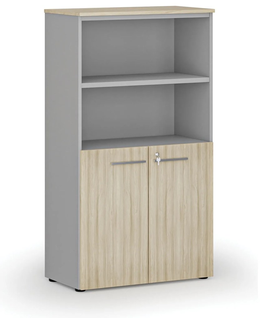 Kombinovaná kancelárska skriňa PRIMO GRAY, dvere na 2 poschodia, 800 x 420 x 1434 mm, sivá/dub prírodný