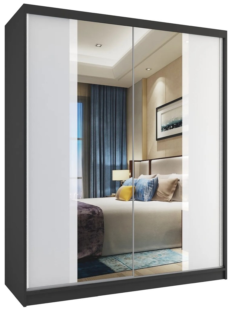 Šatníková skriňa 133 cm Belini čierny mat / biely mat s posuvnými dverami a zrkadlom MV SZP2/2/B/W/W/HI