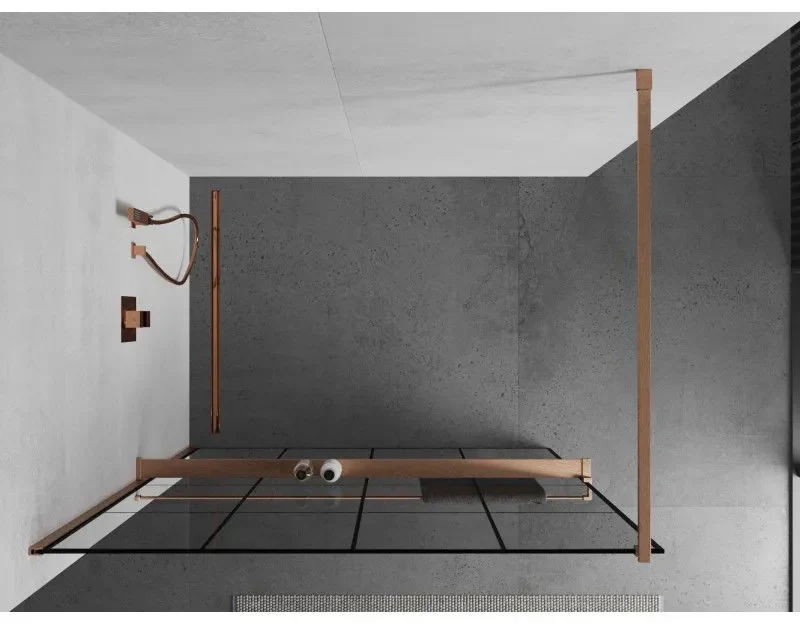 Mexen Kioto+, sprchová zástena Walk-In s poličkou a vešiakom 130 x 200 cm, 8mm číre sklo čierny vzor, medený matný profil, 800-130-121-65-77
