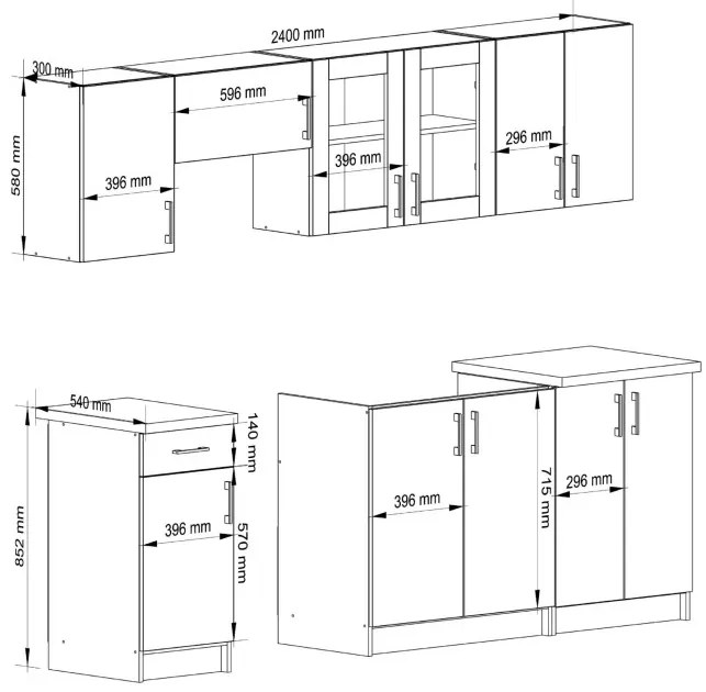 Kuchynská linka LIMA s vitrínou 2.4 m biela / dub sonoma