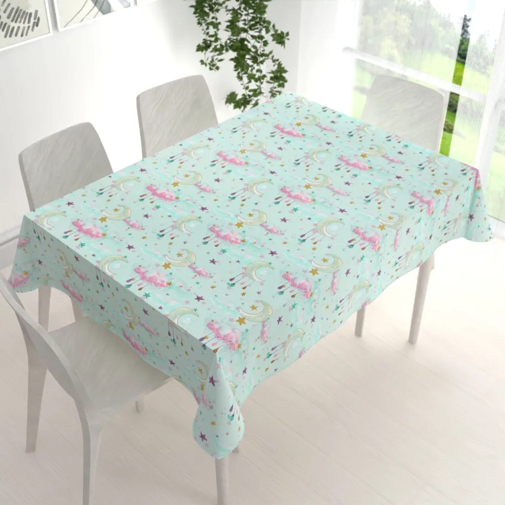 Biante Detský bavlnený obdĺžnikový obrus Sandra SA-522 Mesačná obloha na mintovom 100x140 cm