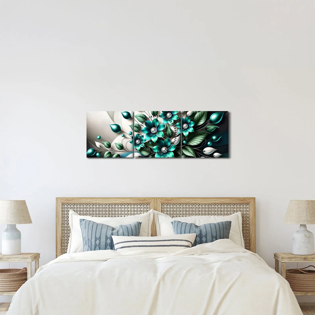 Obraz - 3D tyrkysové kvety (s hodinami) (90x30 cm)