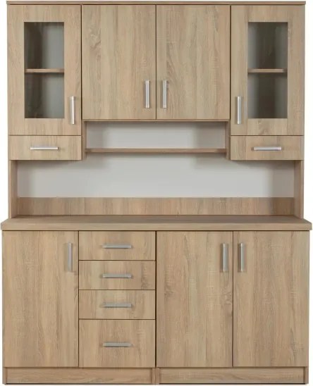 Kredenc hladký 160, sonoma (sklo hranaté čiré, úchyt Paula, prac. doska sonoma)