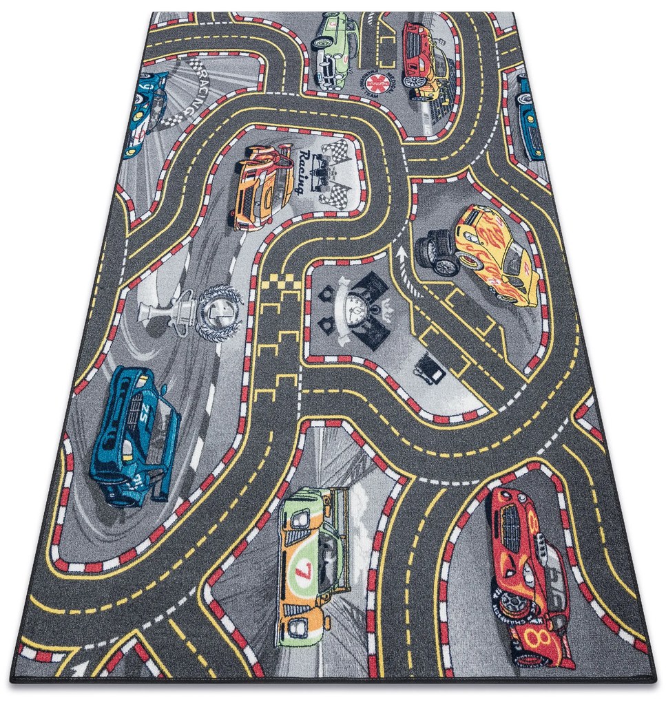 Protišmykový detský koberec REBEL ROADS 97, Pretekári, sivý