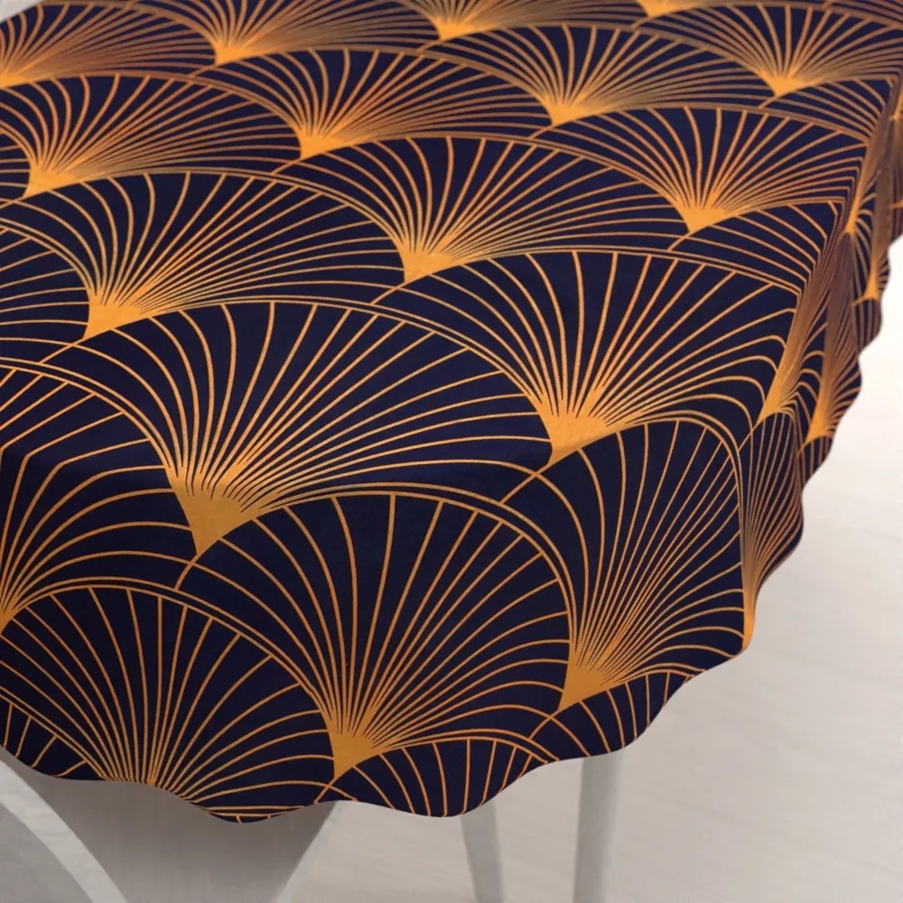Biante Bavlnený oválny obrus Sandra SA-504 Oranžové vejáre na tmavo modrom 120x140 cm