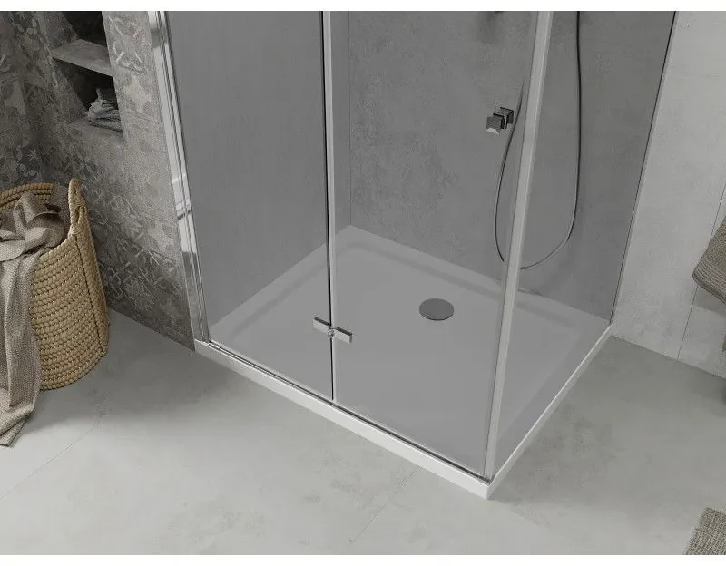 Mexen Lima, sprchový kút so skladacími dverami 90 (dvere) x 70 (stena) cm, 6mm šedé sklo, chrómový profil + slim sprchová vanička biela + chrómový sifón, 856-090-070-01-40-4010