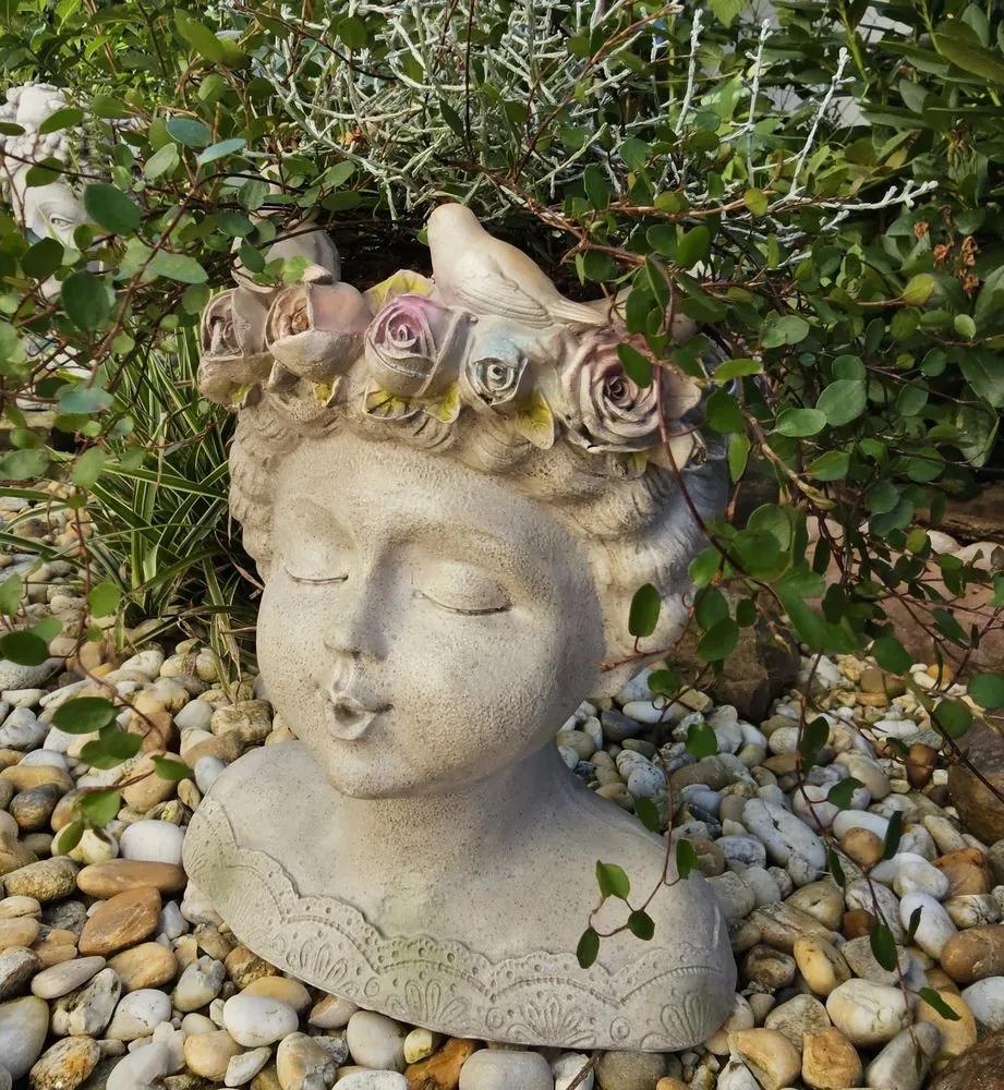 Šedý antik kvetináč hlava ženy s ružami a vtáčikmi - 22*20*26 cm