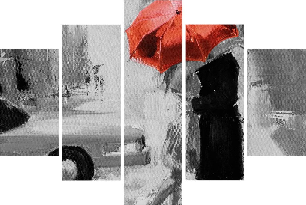 Obraz - Zamilovaný pár pod dáždnikom, červený (150x105 cm)