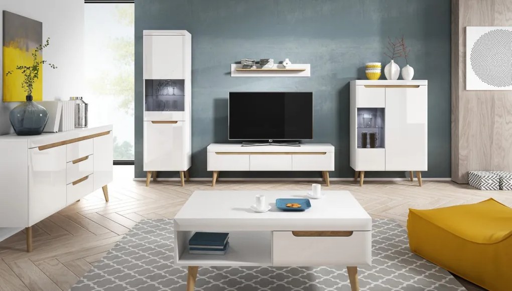 Vysoká vitrína Nordi, dub riviéra/biela lesk