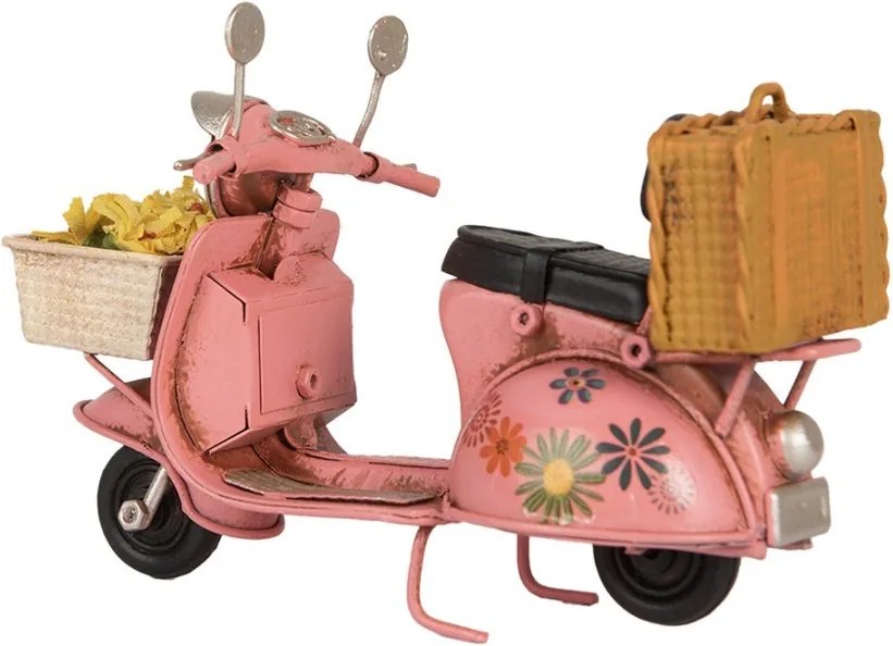 Ružový kovový retro model Scooter s kvetmi - 12*6*8 cm