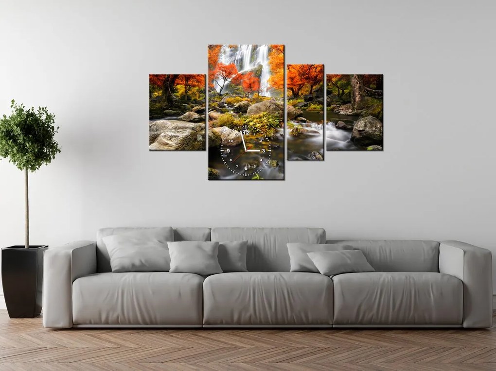Gario Obraz s hodinami Jesenný vodopád - 4 dielny Rozmery: 120 x 70 cm