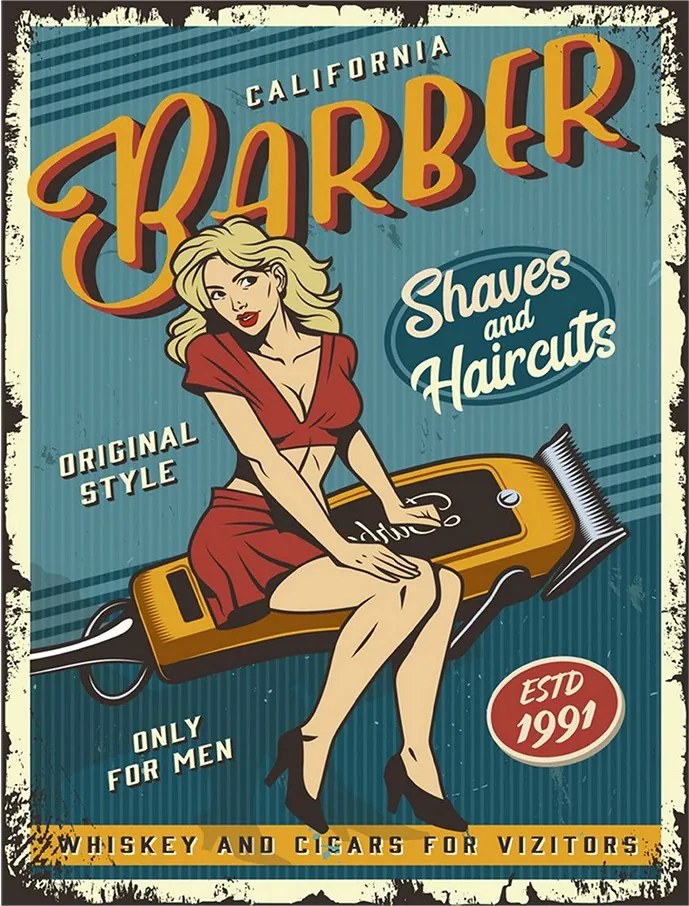 Modrá nástenná kovová ceduľa Barber - 25*1*33 cm