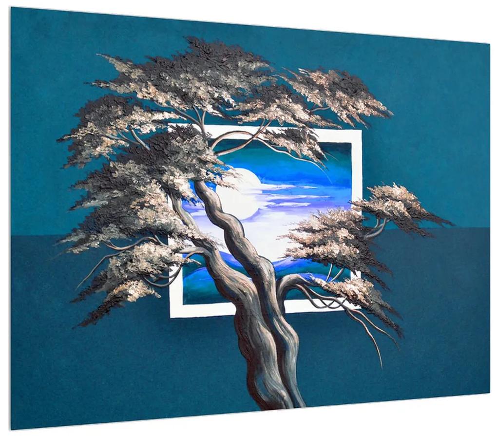 Modrý obraz stromu a východu slnka (70x50 cm)
