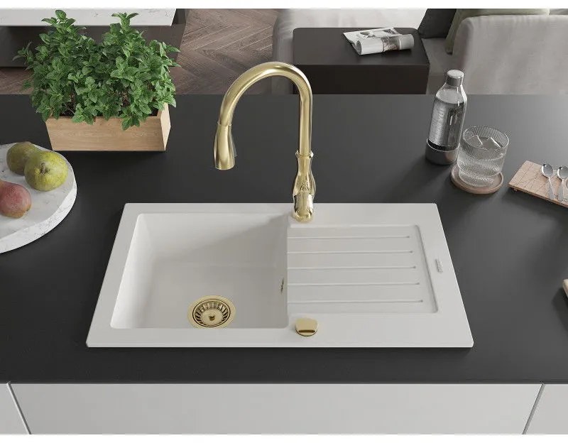 Mexen Pablo, 1-komorový granitový drez 752x436x161 mm a drezová batéria Savita, biela, 6510-20-672601-50