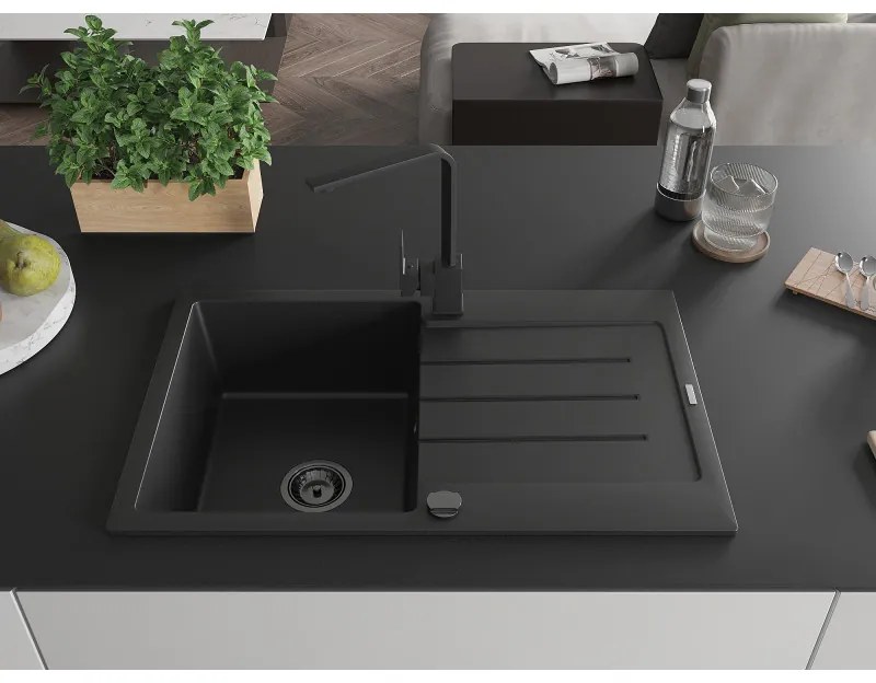 Mexen Bruno, drez granitový 795x495x200 mm, 1-komorový, čierna s čiernym sifónom a čierna drezová batéria Rita, 6513-77-670300-70-B